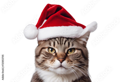 Funny cat wearing in red Santa hat isolated on white background Christmas and New Year background © ArtisticLens