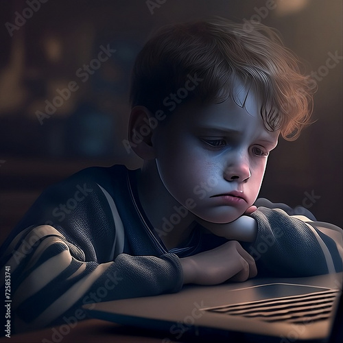 Sad boy at laptop Fototapeta