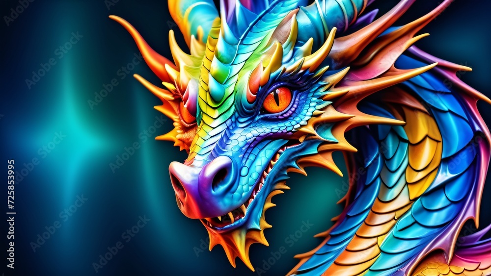 Abstractly inspiring, a colorful Dragon close-up; wonderfully rich colors on a spectacularly bright background.