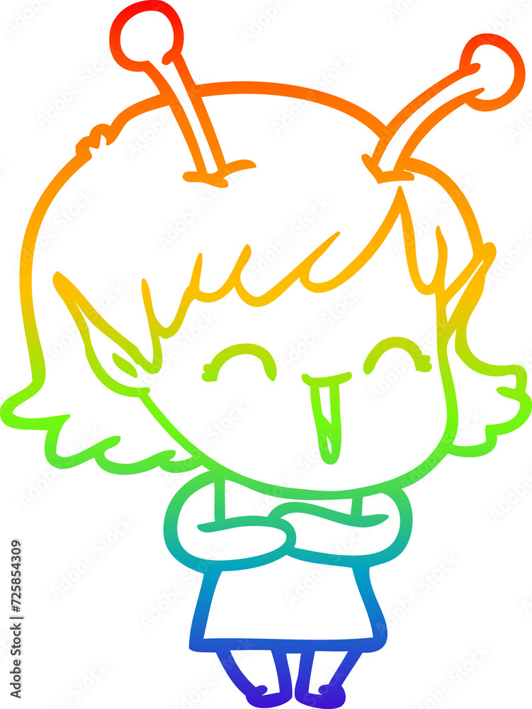 Fototapeta premium rainbow gradient line drawing cartoon happy alien girl