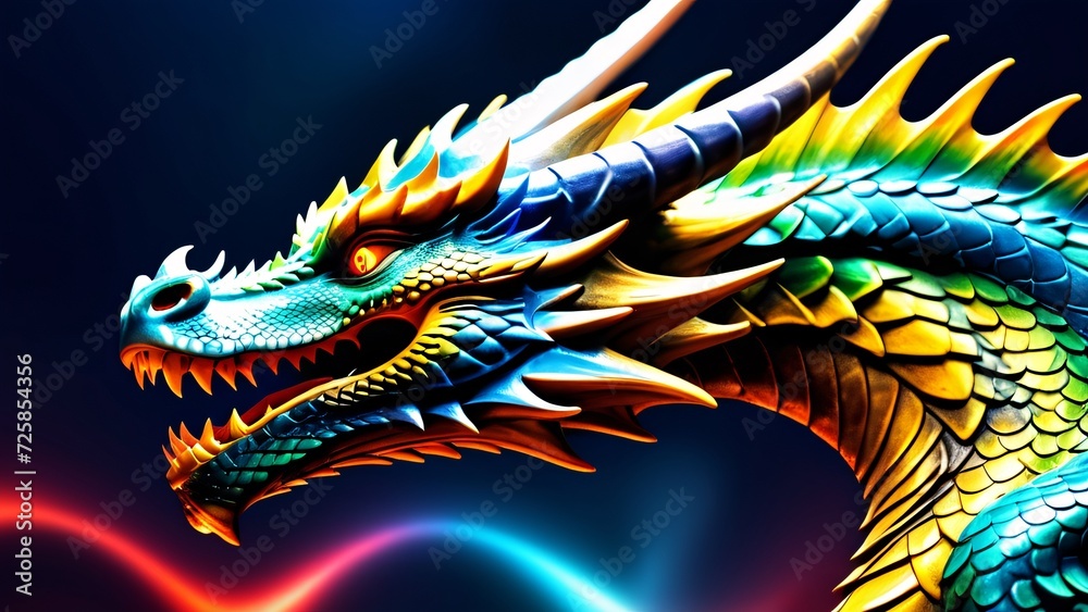 Abstract wonderfully unfolds, a colorful Dragon in an unbelievably amazing 3D; close-up reveals a perfect, bright, and magical background.