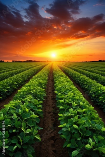 the sun is setting behind a field of bean plants