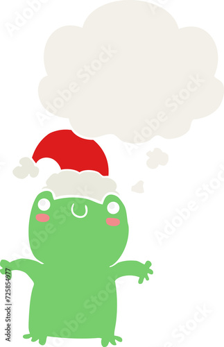 cute cartoon frog wearing christmas hat and thought bubble in retro style