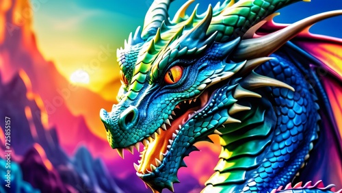 Abstractly magical, a colorful Dragon dances in an unbelievably fantastical 3D; wonderfully inspiring rich colors on a bright background.
