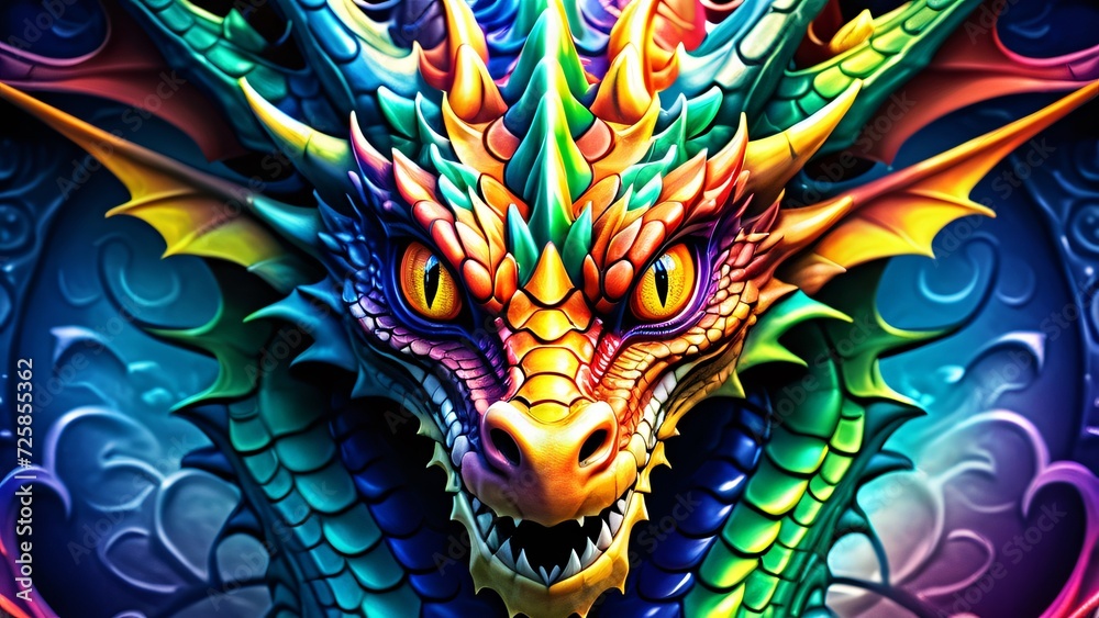 Abstractly magical, a colorful Dragon dances in an unbelievably fantastical 3D; wonderfully inspiring rich colors on a bright background.