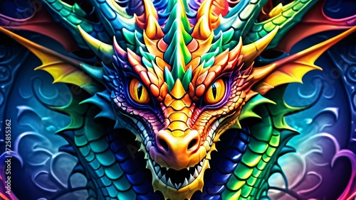 Abstractly magical, a colorful Dragon dances in an unbelievably fantastical 3D; wonderfully inspiring rich colors on a bright background.