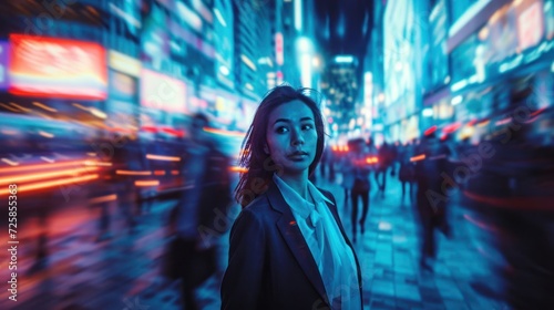 Female Businesswoman Amongst People Futuristic City At Night Backdrop Generative AI