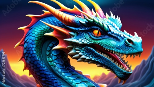 Abstractly inspiring, a colorful Dragon close-up  wonderfully rich colors on a spectacularly bright background. © IgitPro