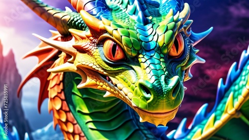 Abstractly magnificent, a colorful Dragon in an unbelievably awesome 3D; rich colors dance on a wonderfully bright background.