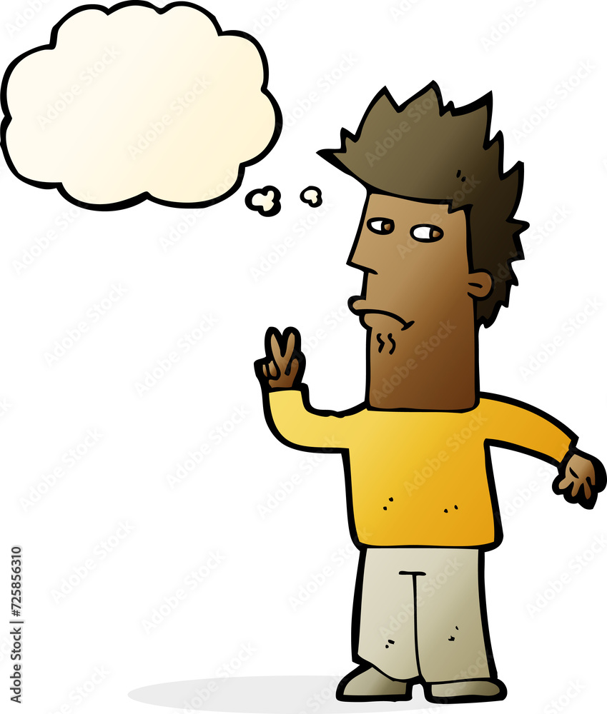 cartoon man giving peace sign with thought bubble cartoon man giving peace sign with thought bubble