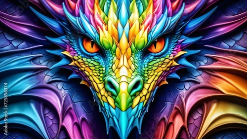 Abstractly inspiring, a colorful Dragon close-up; wonderfully rich colors on a spectacularly bright background.