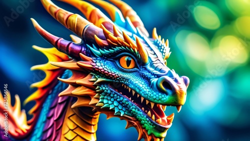 Abstractly incredible  a colorful Dragon in a wonderfully fantastical close-up  inspiring rich colors on a spectacularly bright background.
