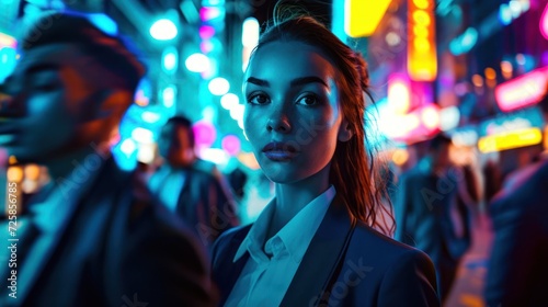 Female Businesswoman Amongst People Neon City At Night Background Generative AI