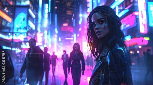 Female Businesswoman In Crowd Futuristic City At Night Setting Generative AI