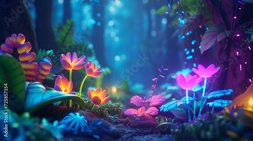 Unusual plants in a magical forest at night illuminated by neon light