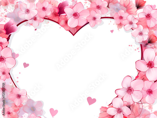 Abstract heart shaped frame with pink flowers and white copy space background 