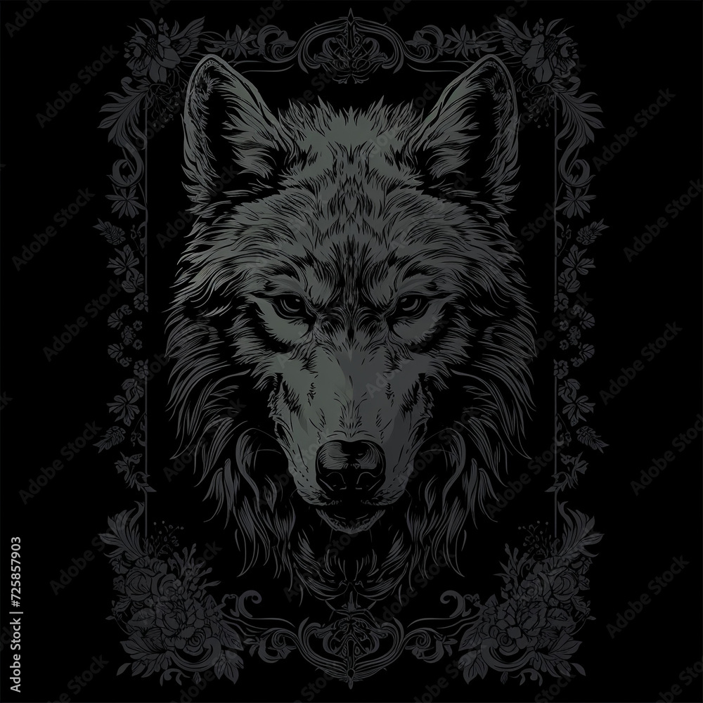 Naklejka premium Ornate T-shirt print: wolf with ornament.
