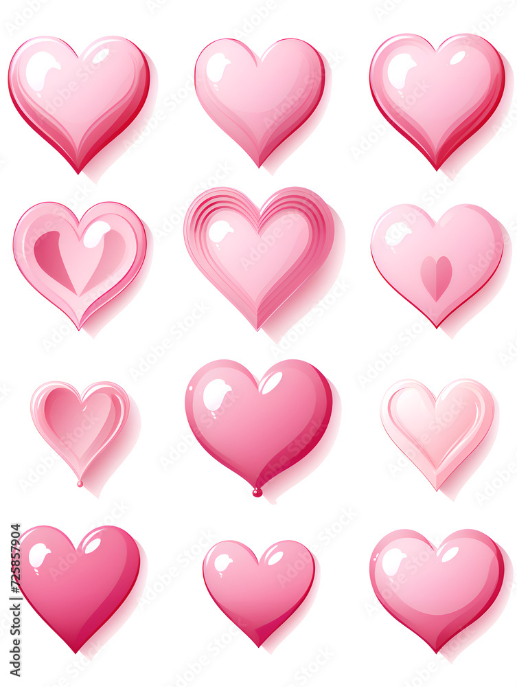 Set illustration of pink hearts on white background 