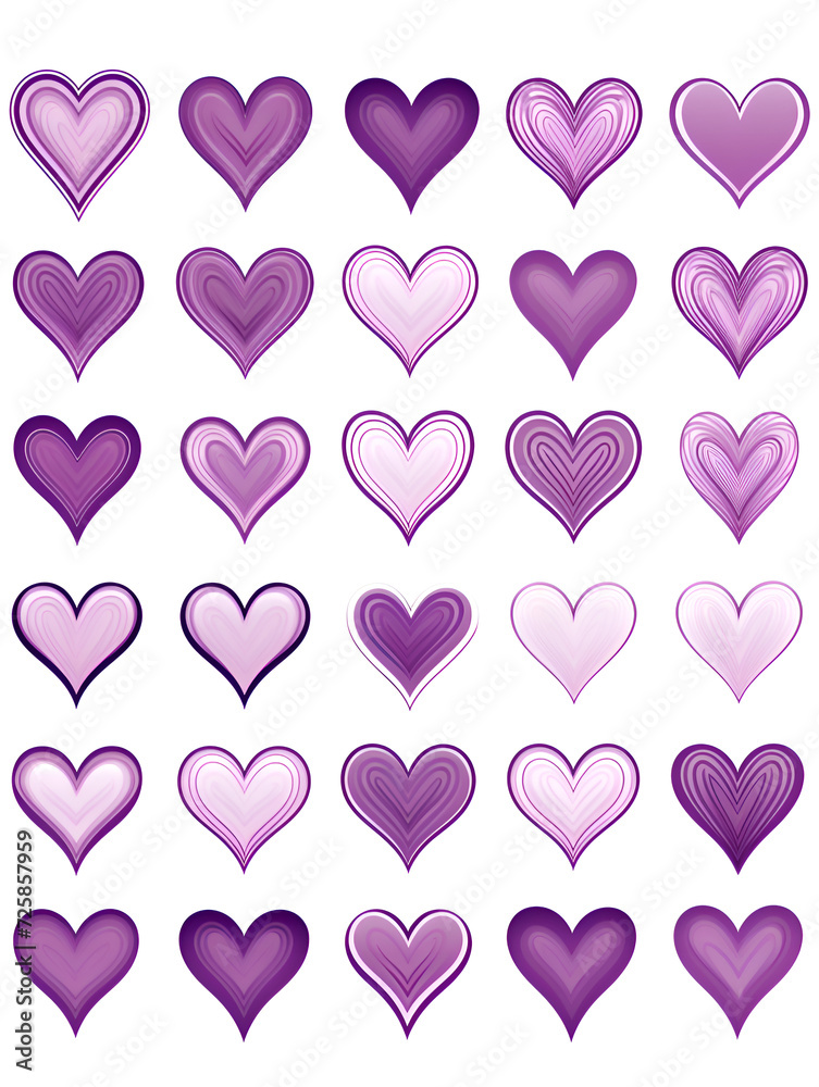 Set illustration of purple hearts on white background 