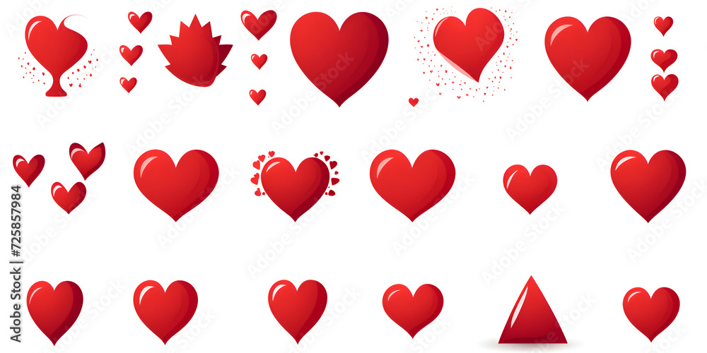 Set illustration of red hearts on white background 