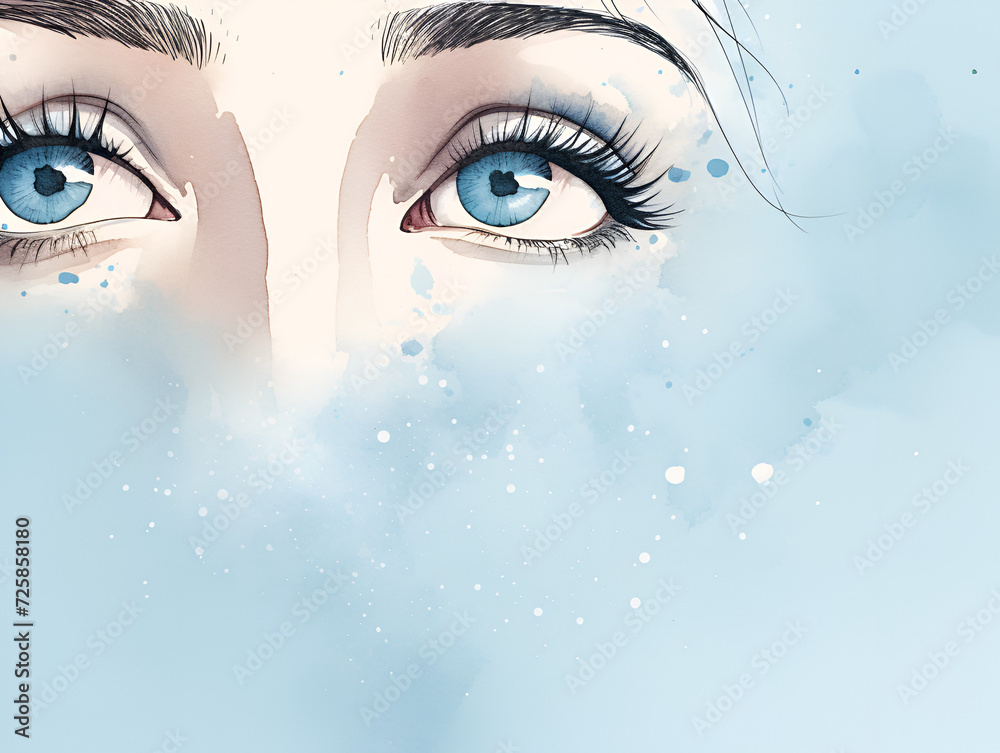 Blue watercolor illustration of anafemale eyes, close up 