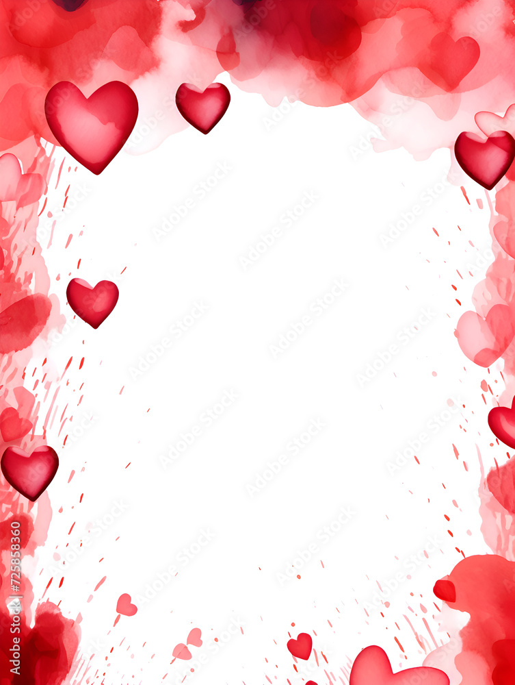 Abstract frame with red watercolor hearts and white copy space background 