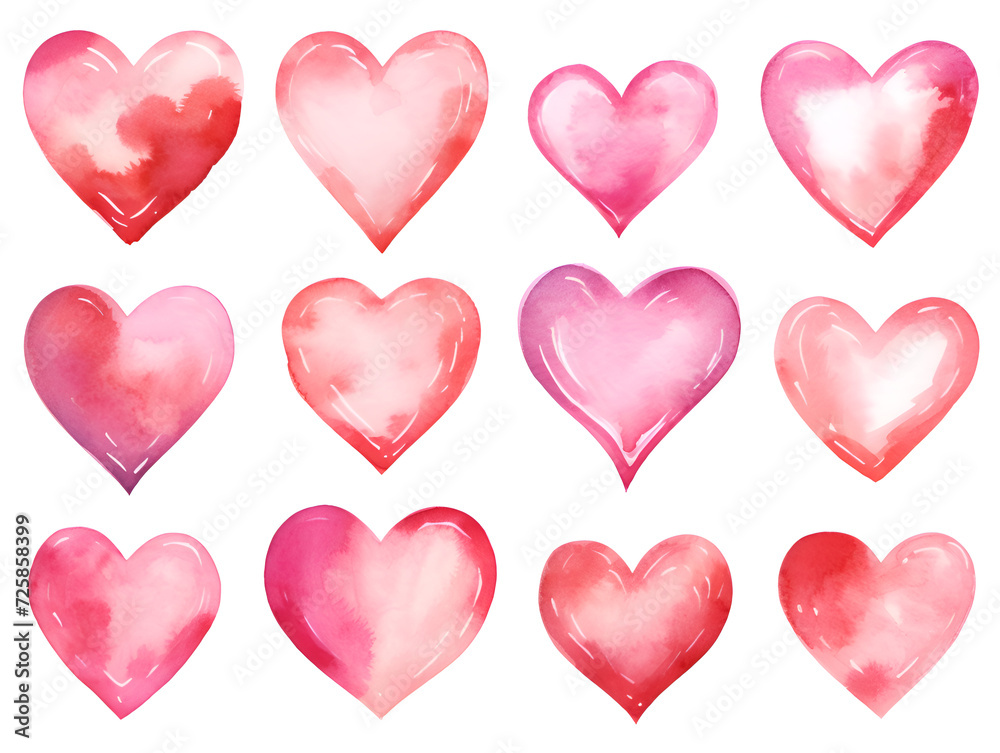 Seamless pattern with pink watercolor hearts on white background	