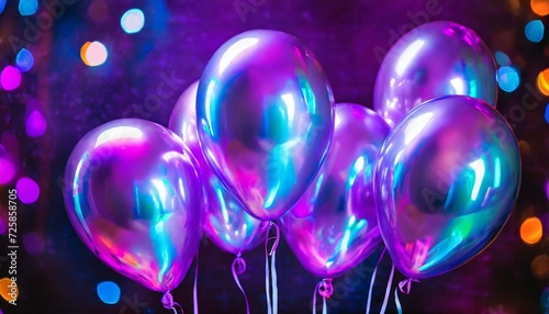 close balões de aniversário textura metálica neon holográfica fundo escuro