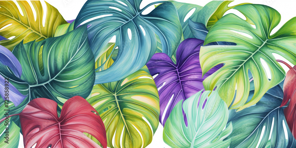 Colorful tropical leafs pattern. Pencil, hand drawn natural illustration