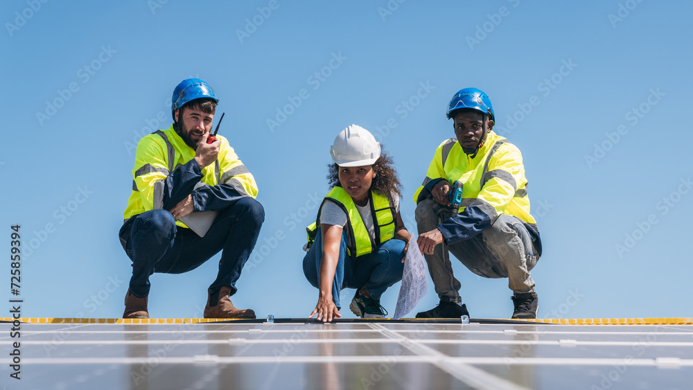 Fototapeta premium Service engineer checking solar cell on the roof for maintenance if there is a damaged part. Engineer worker install solar panel. Clean energy concept.