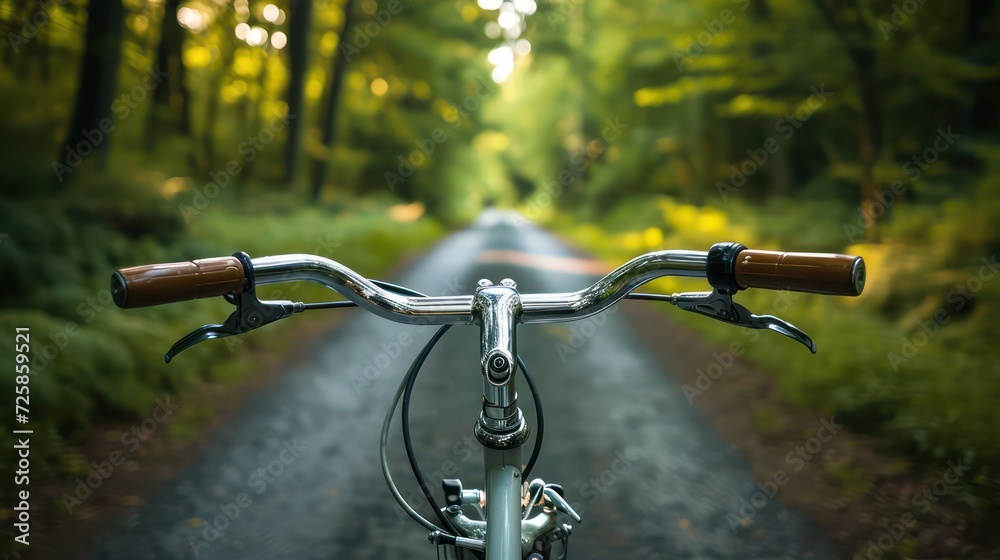 Retro bicycle handlebar on road during country walk through green forest. Generative AI