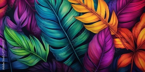 Colorful tropical leafs pattern. Pencil, hand drawn natural illustration © Alicia