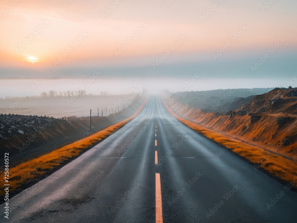 Long Asphalt Paved Road Runs into Distant Fog with Sun in Background