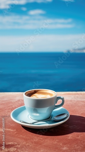 Coffee on a table with blue sky and sea in background. Generative AI.