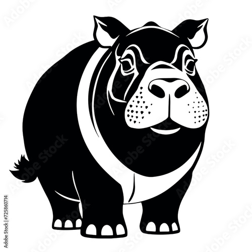 A black and white illustration of a placid hippopotamus. Against a white background, it conveys the robust and gentle nature of hippos