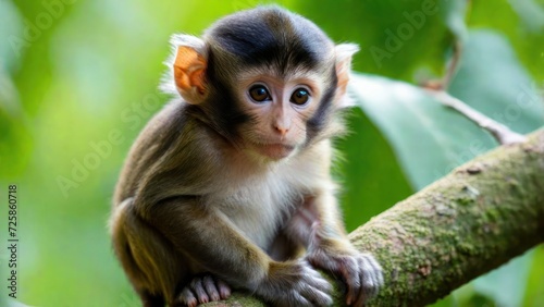 Cute small monkey sitting on branch, looking at camera.  generative, ai.