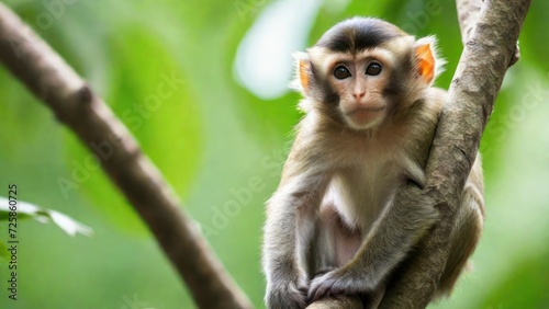 Cute small monkey sitting on branch, looking at camera.  generative, ai.