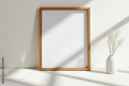 Wooden frame mockup on white wall. Poster mockup. Clean, modern, minimal frame. Indoor interior