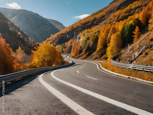 Road in mountains at sunny day in golden autumn. Beautiful roadway, orange trees, high rocks, blue sky with clouds. Landscape with empty highway through the mountain pass in fall