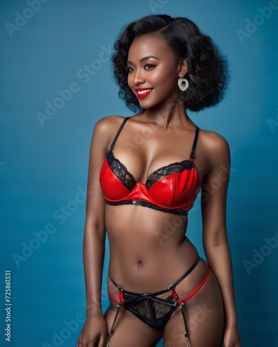 A confident young woman with a beaming smile poses in elegant red lingerie during a professional indoor studio photoshoot.