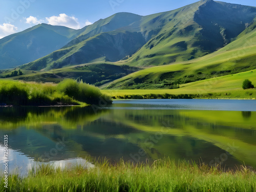 Blurred background Reflection on lake,Mountain landscape, lake and mountain range, Panoramic view of a summer day in the mountains, green meadows, mountain slopes and hills, countryside