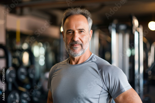 Muscular brunette man in sportswear, smiling and looking at the camera on the background of the gym with copy space. Personal trainer. The concept of a healthy lifestyle and sports.