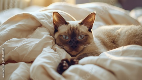 Сute Burmese cat, lying in bed at home