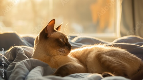 Сute Burmese cat, lying in bed at home, Looking away