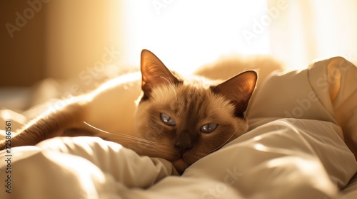 Сute Burmese cat, lying in bed at home