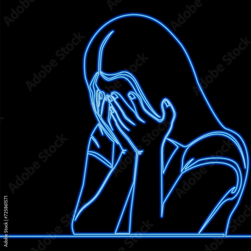 Depressed woman cries icon neon glow concept