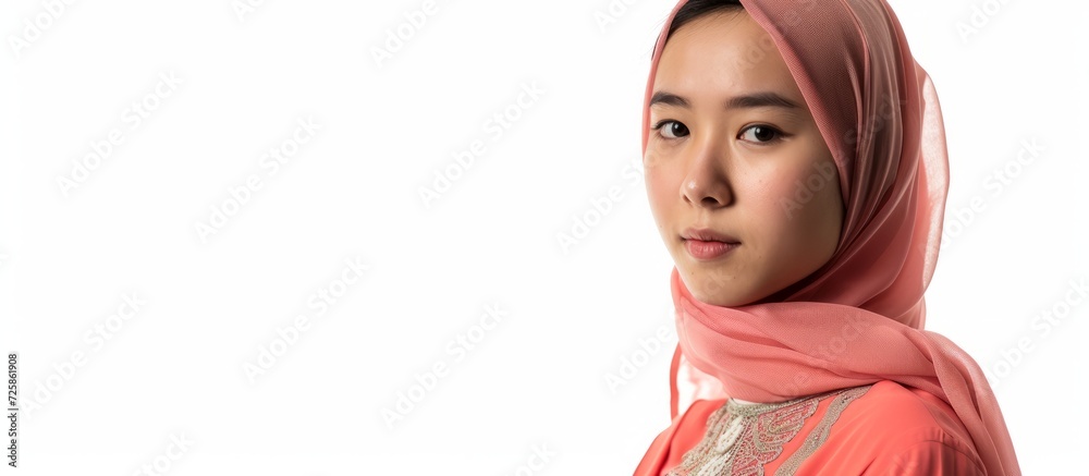 Isolated young Asian woman wearing a Reglan outfit and a pink hijab on a white background. Isolated young Asian woman wearing a Reglan outfit and a pink hijab on a white background.