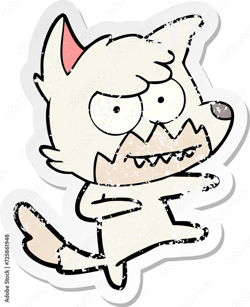 distressed sticker of a cartoon grinning fox distressed sticker of a cartoon grinning fox