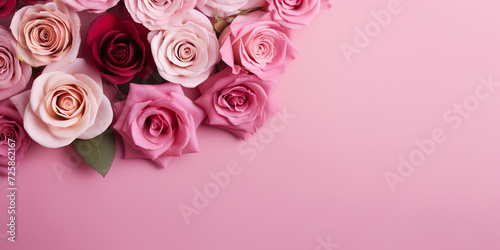 Pink roses on pink background. Horizontal banner for valentines day  mothers day  birthday  love anniversary or wedding