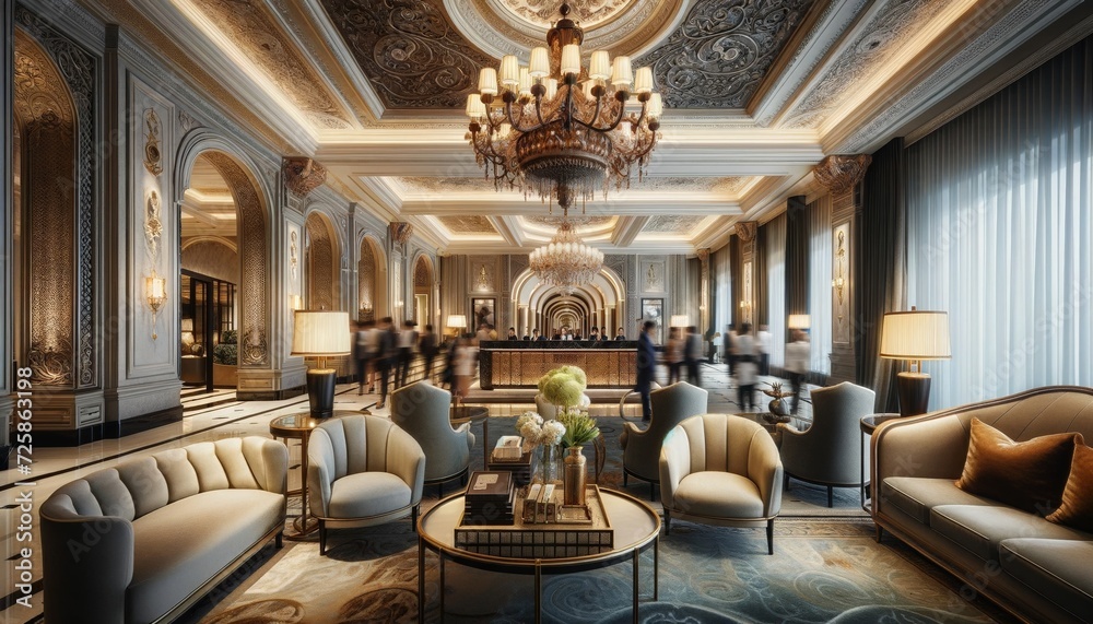 A luxurious hotel lobby with elegant furniture, a grand chandelier, and ...